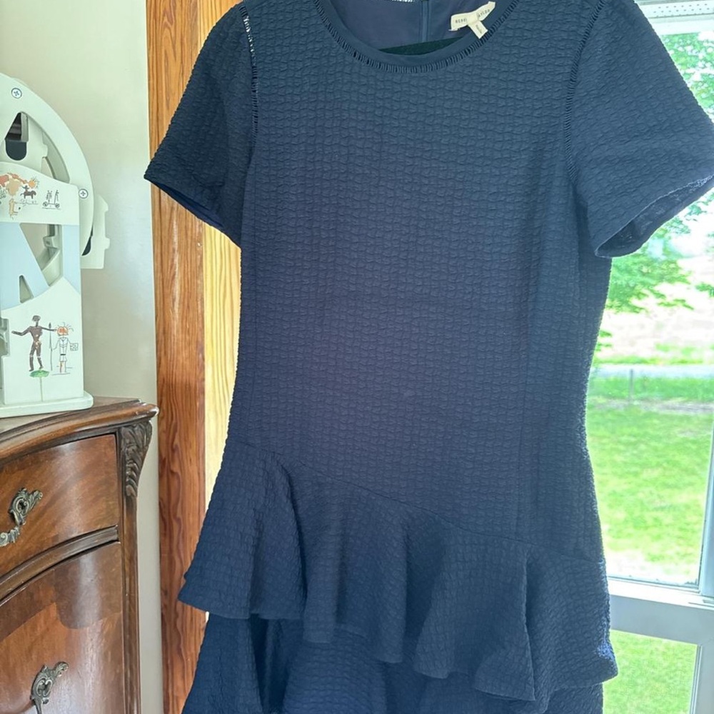 Size US 12 Rebecca Taylor Puckered Jacquard Tiered Ruffle Mini Dress Navy Blue